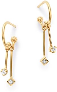 14K Yellow Gold Diamond Charm Huggie Hoop Earrings