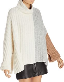 Colorblocked Ribbed Knit Poncho