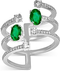 18K White Gold Spectrum Emerald & Diamond Multi-Row Statement Ring