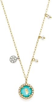 14K Yellow Gold Turquoise Doublet and Diamond Pendant Necklace with Cultured Freshwater Pearl Charms, 16