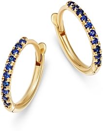 14K Yellow Gold Blue Sapphire Huggie Hoop Earrings