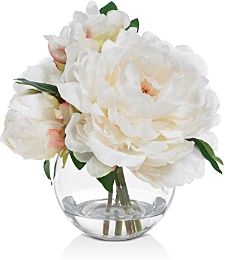 Blooms Cream Peony Faux Floral Arrangement in Glass Bowl