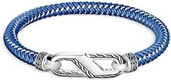 Sterling Silver Classic Woven Blue Rubber Carabiner Clasp Bracelet