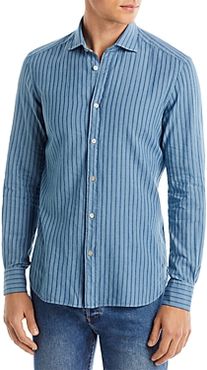 Slim Fit Blue/Navy Striped Garment Dyed Button Front Shirt