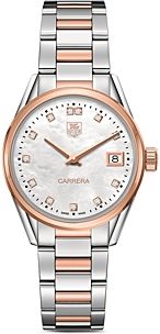 Carrera Stainless Steel and Rose Gold Watch with White Mother of Pearl Dial, 32mm