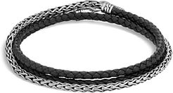 Sterling Silver Classic Chain Triple Wrap Woven Leather Bracelet