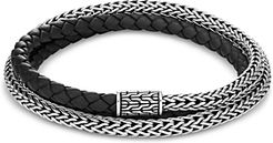 Sterling Silver & Black Leather Classic Chain Triple-Wrap Bracelet