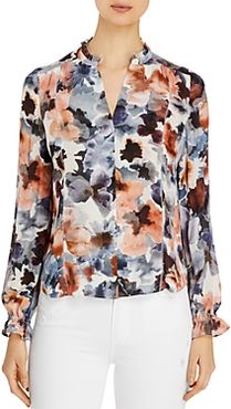 Ruffle Neck Floral Print Silk Blouse