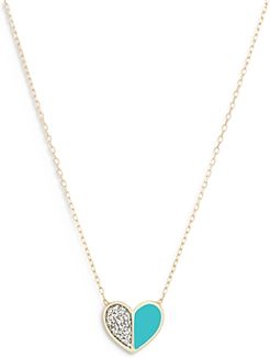 14K Yellow Gold Diamond & Turquoise Ceramic Heart Pendant Necklace, 16