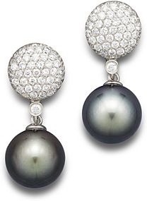 Cultured Tahitian Pearl and Diamond Drop Earrings in 14K White Gold, 11mm