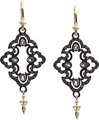 18K Yellow Gold and Blackened Sterling Silver Old World Champagne Diamond and White Sapphire Scroll Drop Earrings