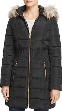 Cinched Waist Faux Fur Trim Puffer Coat