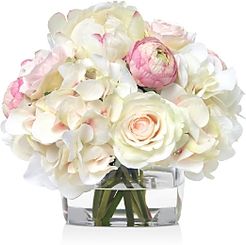 Rose & Hydrangea Faux Floral Arrangement in Glass Cube