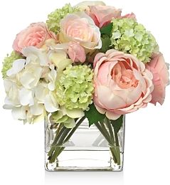 Blooms Pink Hydrangea & Rose Faux Floral Arrangement in Glass Cube