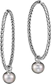 Sterling Silver Classic Chain Cultured Tahitian Pearl Charm Hoop Earrings