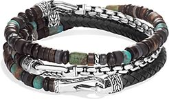 Sterling Silver, Black Onyx, Black Opal, Chrome Diopside, Tiger Iron, Bronzite, Turquoise and Leather Classic Chain Triple Wrap Bracelet
