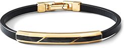 Faceted Id Black Leather Bracelet with Forged Carbon & 18K Yellow Gold