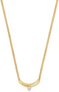 14K Yellow Gold Prong Diamonds Curved Bar Diamond Pendant Necklace, 14-16