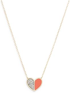 14K Yellow Gold Diamond & Coral Ceramic Heart Pendant Necklace, 16
