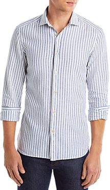 Slim Fit Blue/White Striped Garment Dyed Button Front Shirt