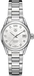 Automatic Stainless Steel and White Mother of Pearl Dial Watch with Diamonds, 28mm