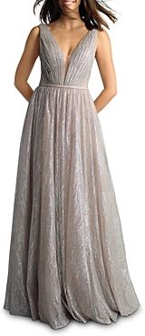 Metallic Pleated Plunge Gown