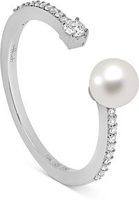 18K White Gold Spectrum Diamond and Cultured Freshwater Pearl Open Ring