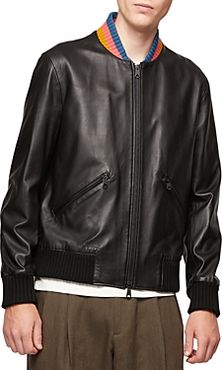 Striped Collar Leather Bomber Jacket