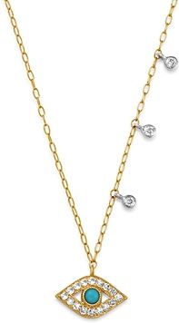 14K Yellow Gold & 14K White Gold Diamond & Turquoise Evil Eye Adjustable Pendant Necklace, 18