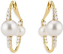 18K Yellow Gold Spectrum Diamond and Cultured Freshwater Pearl Hoop Earrings