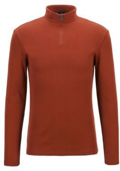 HUGO BOSS - Slim Fit Ribbed T Shirt With Long Sleeves And Zip Neck - Brown