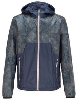 HUGO BOSS - Water Repellent Hooded Jacket With Geometric Print Ripstop Fabric - Dark Blue