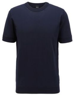 HUGO BOSS - Short Sleeved Knitted Sweater With Micro Structured Stripes - Dark Blue