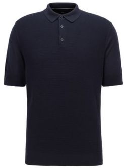 HUGO BOSS - Short Sleeved Silk Blend Sweater With Polo Collar - Dark Blue