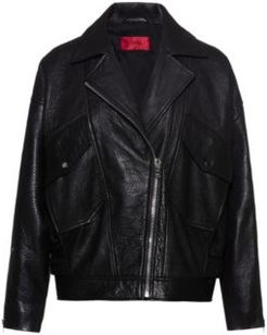 BOSS - Relaxed Fit Biker Jacket In Grained Nappa Leather - Black
