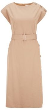 HUGO BOSS - Midi Length Dress In Stretch Cotton With Button Details - Beige