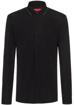 BOSS - Extra Slim Fit Cotton Shirt With Zip Trimmed Collar - Black