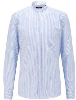 HUGO BOSS - Slim Fit Evening Shirt In Striped Cotton Linen - Light Blue
