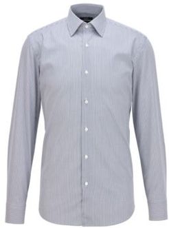 HUGO BOSS - Slim Fit Shirt In Striped Cotton With Aloe Vera Finish - Dark Blue