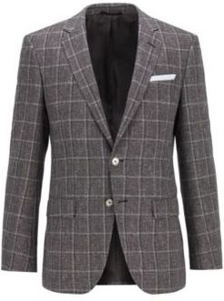 HUGO BOSS - Melange Slim Fit Jacket In Checked Wool With Linen - Black