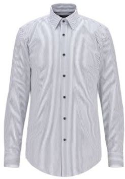 HUGO BOSS - Slim Fit Shirt In Striped Cotton With Contrast Buttons - Dark Blue