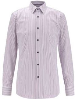 HUGO BOSS - Slim Fit Shirt In Striped Cotton With Contrast Buttons - Purple