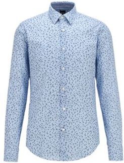 HUGO BOSS - Slim Fit Shirt In Washed Cotton Muslin With Exclusive Print - Dark Blue