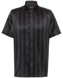 BOSS - Stripe Print Relaxed Fit Shirt In Stretch Twill - Dark Green