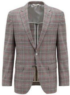 HUGO BOSS - Slim Fit Jacket In Checked Stretch Wool - Silver