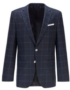 HUGO BOSS - Windowpane Checked Slim Fit Jacket In Wool, Cotton And Linen - Dark Blue