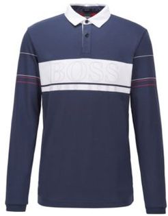 HUGO BOSS - Long Sleeved Polo Shirt In Cotton With Block Logo - Dark Blue