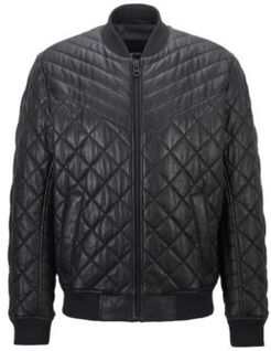 HUGO BOSS - Slim Fit Blouson Style Quilted Jacket In Waxed Leather - Black