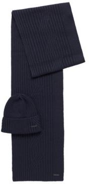 HUGO BOSS - Scarf And Beanie Hat In Mixed Structures - Dark Blue