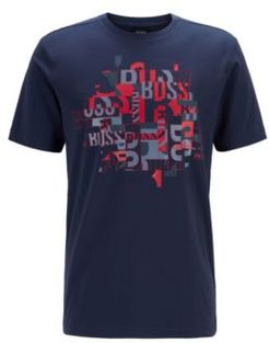HUGO BOSS - Typographical Logo Print T Shirt In Organic Cotton With Stretch - Dark Blue